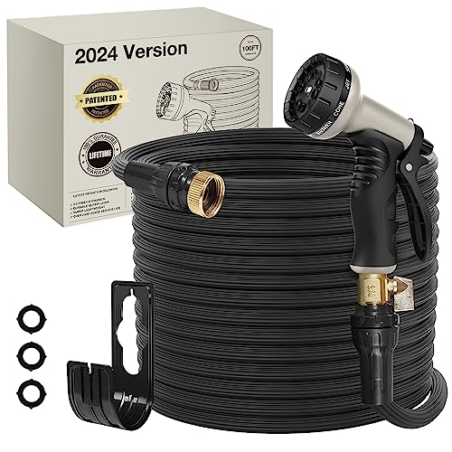 100ft Expandable Garden Hose - 2024 Version/New Patented, Leak-Proof Water Hose with 40 Layers of Innovative Nano Rubber, Lightweight, Durable, No-Kink Flexible Water Hose (Black)