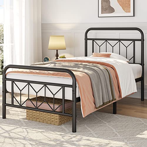 Yaheetech Metal Platform Bed Frame Mattress Foundation with Diamond Pattern Headboard/Footboard/Heavy Duty Steel Slat Support/Under Bed Storage/No Box Spring Needed/Twin Size Black