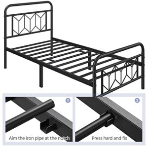 Yaheetech Metal Platform Bed Frame Mattress Foundation with Diamond Pattern Headboard/Footboard/Heavy Duty Steel Slat Support/Under Bed Storage/No Box Spring Needed/Twin Size Black