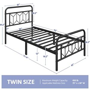 Yaheetech Metal Platform Bed Frame Mattress Foundation with Diamond Pattern Headboard/Footboard/Heavy Duty Steel Slat Support/Under Bed Storage/No Box Spring Needed/Twin Size Black