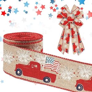 threetols patriotic wired edge ribbons 2.5" 10 yards, red truck wired ribbon veterans day america flag fabric craft ribbon fireworks ribbon for holiday party diy craft patriotic decoration wreaths bow