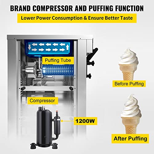 Commercial Ice Cream Maker Single Flavor Commercial Ice Cream Machine 4.7-5.3 Gal/H Soft-Serve Ice Cream Maker, 1800W Countertop Soft Serve Ice Cream Machine, with LCD Panel, Stainless Steel