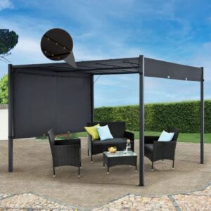 10 x10 outdoor pergola with solar lights and adjustable sun shade cover and retractable canopy for backyard deck garden (grey)