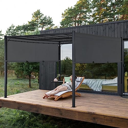 10 x10 Outdoor Pergola with Solar Lights and Adjustable Sun Shade Cover and Retractable Canopy for Backyard Deck Garden (Grey)