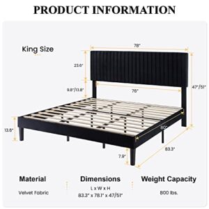 SHA CERLIN King Upholstered Platform Bed Frame with Adjustable Headboard/Vertical Channel Tufted Velvet Fabric/Wooden Slats Support/Mattress Foundation/Box Spring Optional/Black