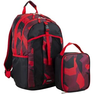 fuel backpack with lunch box combo – 18” two compartment water resistant durable adjustable straps with side water bottle pockets 2 in 1 set - red camo