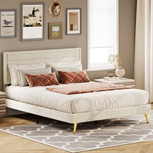 likimio queen bed, platform bed frame with upholstered headboard and wooden slats support, no box spring needed, easy assembly, beige