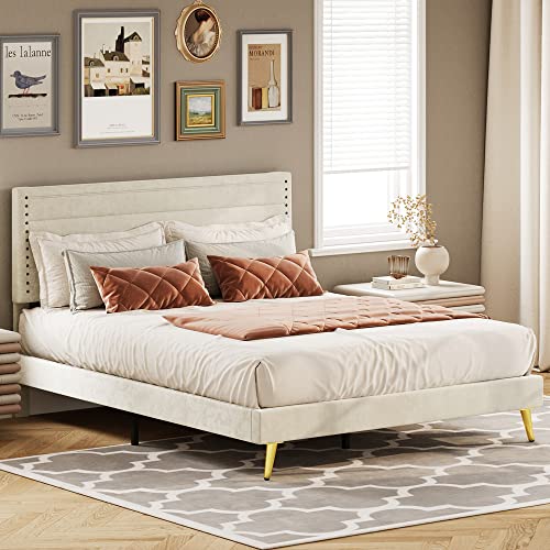 LIKIMIO Queen Bed, Platform Bed Frame with Upholstered Headboard and Wooden Slats Support, No Box Spring Needed, Easy Assembly, Beige