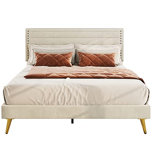 LIKIMIO Queen Bed, Platform Bed Frame with Upholstered Headboard and Wooden Slats Support, No Box Spring Needed, Easy Assembly, Beige