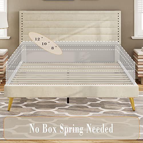 LIKIMIO Queen Bed, Platform Bed Frame with Upholstered Headboard and Wooden Slats Support, No Box Spring Needed, Easy Assembly, Beige