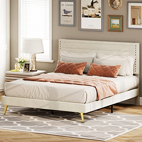 LIKIMIO Queen Bed, Platform Bed Frame with Upholstered Headboard and Wooden Slats Support, No Box Spring Needed, Easy Assembly, Beige