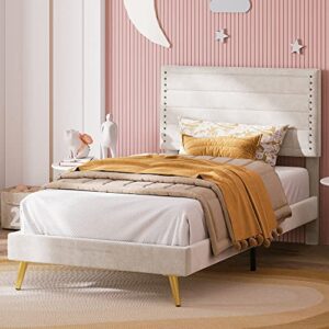 likimio twin bed, platform bed frame with upholstered headboard and wooden slats support, no box spring needed, easy assembly, beige