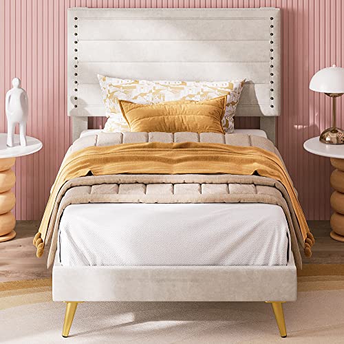 LIKIMIO Twin Bed, Platform Bed Frame with Upholstered Headboard and Wooden Slats Support, No Box Spring Needed, Easy Assembly, Beige