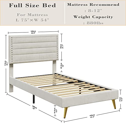 LIKIMIO Twin Bed, Platform Bed Frame with Upholstered Headboard and Wooden Slats Support, No Box Spring Needed, Easy Assembly, Beige