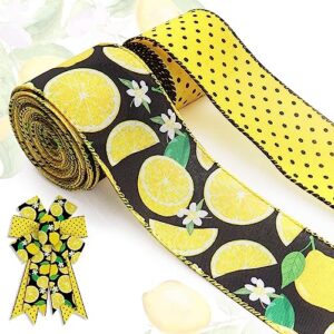 alibbon 2 rolls 2.5" × 5 yd summer lemon wired ribbon summer flower burlap ribbons fruits ribbon flaxen yellow dots ribbon for summer wreath diy crafting gifts wrapping party decoration