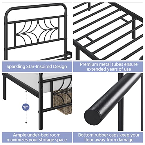 Yaheetech Twin Size Bed Frame Metal Platform Bed with Sparkling Star-Inspired Design Headboard, 13 Inch Underbed Storage, No Box Spring Needed, Easy Assembly, Modern, Black