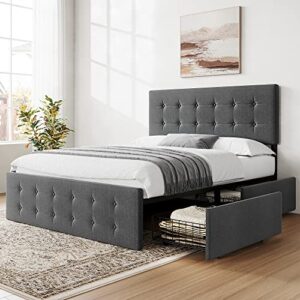 idealhouse full bed frame with 4 storage drawers,grey full size platform upholstered bed frame with headboard and wooden slats support,no box spring needed (full)