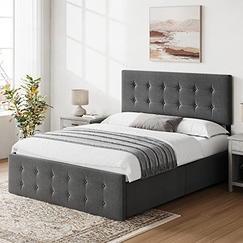 IDEALHOUSE Full Bed Frame with 4 Storage Drawers,Grey Full Size Platform Upholstered Bed Frame with Headboard and Wooden Slats Support,No Box Spring Needed (Full)