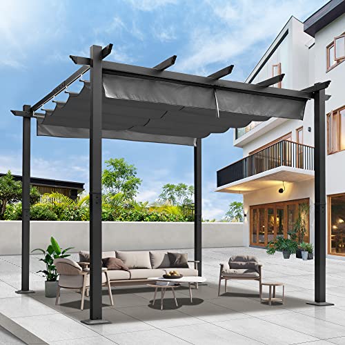 10x10ft Pergola Retractable Pergola Canopy，Aluminum Pergola Shelter with Polyester Sun and Rain-Proof Canopy,Aluminum Outdoor Pergola for Patio,Yard and Garden（Grey）