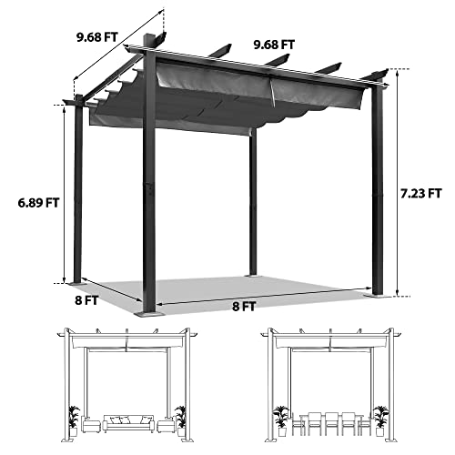 10x10ft Pergola Retractable Pergola Canopy，Aluminum Pergola Shelter with Polyester Sun and Rain-Proof Canopy,Aluminum Outdoor Pergola for Patio,Yard and Garden（Grey）