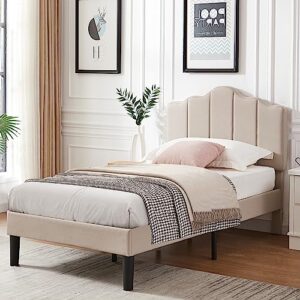 vecelo twin size upholstered platform bed frame with adjustable headboard, wood slat support and noise-free, no box spring needed, easy assembly
