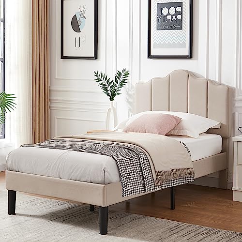 VECELO Twin Size Upholstered Platform Bed Frame with Adjustable Headboard, Wood Slat Support and Noise-Free, No Box Spring Needed, Easy Assembly