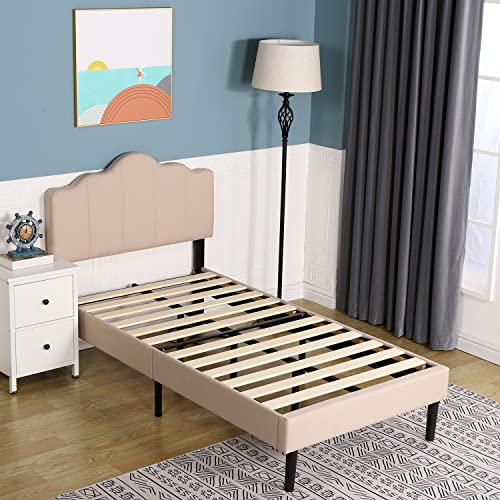 VECELO Twin Size Upholstered Platform Bed Frame with Adjustable Headboard, Wood Slat Support and Noise-Free, No Box Spring Needed, Easy Assembly