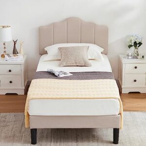 VECELO Twin Size Upholstered Platform Bed Frame with Adjustable Headboard, Wood Slat Support and Noise-Free, No Box Spring Needed, Easy Assembly