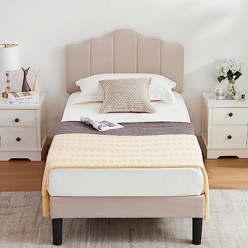 VECELO Twin Size Upholstered Platform Bed Frame with Adjustable Headboard, Wood Slat Support and Noise-Free, No Box Spring Needed, Easy Assembly