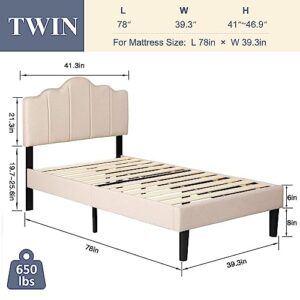 VECELO Twin Size Upholstered Platform Bed Frame with Adjustable Headboard, Wood Slat Support and Noise-Free, No Box Spring Needed, Easy Assembly