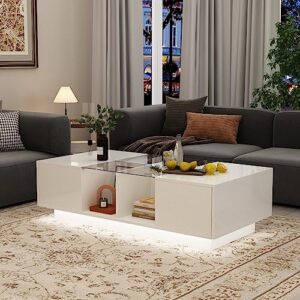 ecacad modern led coffee table with drawers & open compartments, rectangle coffee center table with glass top for living room, bedroom, white (47.4" w x 23.6" d x 13.9" h)