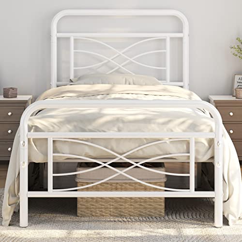 Yaheetech Twin Bed Frames Metal Platform Bed Mattress Foundation with Criss-Cross Design Headboard, Ample Underbed Storage Space, Heavy Duty Slat Support, No Box Spring Needed, Twin Size White