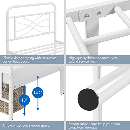 Yaheetech Twin Bed Frames Metal Platform Bed Mattress Foundation with Criss-Cross Design Headboard, Ample Underbed Storage Space, Heavy Duty Slat Support, No Box Spring Needed, Twin Size White