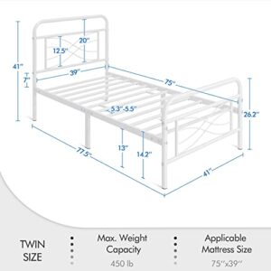 Yaheetech Twin Bed Frames Metal Platform Bed Mattress Foundation with Criss-Cross Design Headboard, Ample Underbed Storage Space, Heavy Duty Slat Support, No Box Spring Needed, Twin Size White