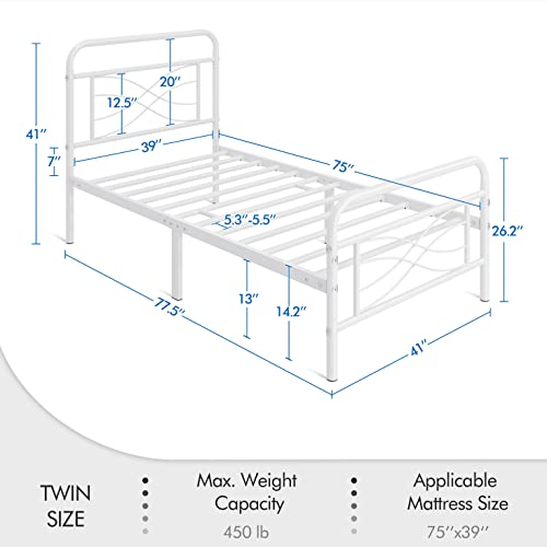 Yaheetech Twin Bed Frames Metal Platform Bed Mattress Foundation with Criss-Cross Design Headboard, Ample Underbed Storage Space, Heavy Duty Slat Support, No Box Spring Needed, Twin Size White