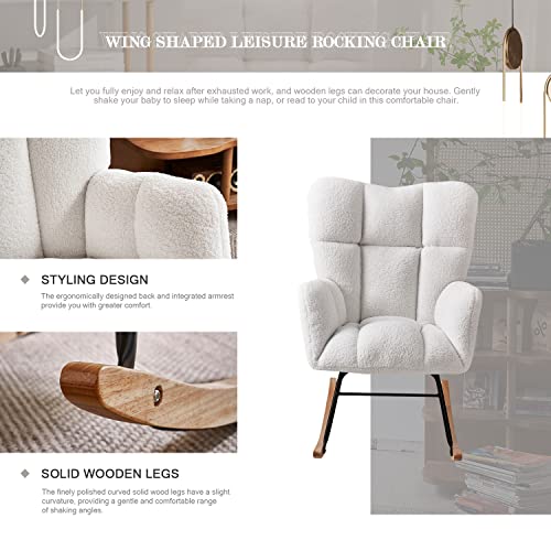Ugijei Rocking Chair Nursery, Teddy Upholstered Glider Rocker with High Backrest, Modern Rocking Accent Chair for Nursery, Living Room, Bedroom (Ivory)
