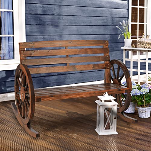 FURNDOOR Outdoor Wood Rocking Chair Wagon - Double Wooden Porch Rocking Bench Rustic Porch Rocker Chair for 2 Persons