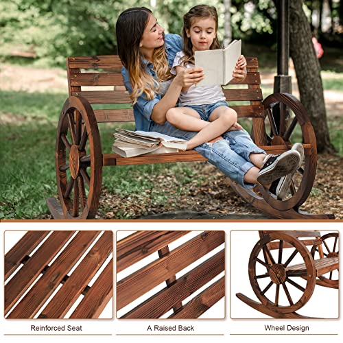 FURNDOOR Outdoor Wood Rocking Chair Wagon - Double Wooden Porch Rocking Bench Rustic Porch Rocker Chair for 2 Persons