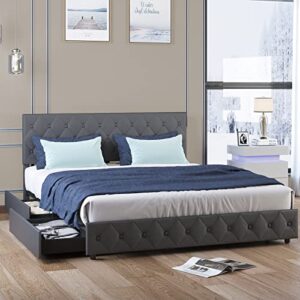 mjkone upholstered bed frame with 4 storage drawers, pu leather king size platform bed frames with adjustable headboard, no box spring needed/easy assembly/no mattress (king, dark grey)