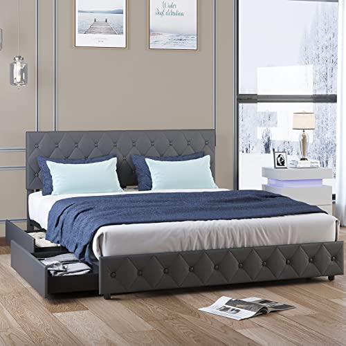 Mjkone Upholstered Bed Frame with 4 Storage Drawers, PU Leather King Size Platform Bed Frames with Adjustable Headboard, No Box Spring Needed/Easy Assembly/No Mattress (King, Dark Grey)