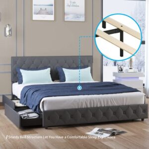 Mjkone Upholstered Bed Frame with 4 Storage Drawers, PU Leather King Size Platform Bed Frames with Adjustable Headboard, No Box Spring Needed/Easy Assembly/No Mattress (King, Dark Grey)