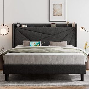 feonase queen bed frame with type-c & usb ports, upholstered platform bed frame with wingback storage headboard, solid wood slats support, no box spring needed, noise-free, gray
