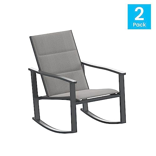 Flash Furniture Brazos Set of 2 Gray Outdoor Rocking Chairs with Flex Comfort Material and Black Metal Frame,Gray/Black