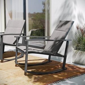 Flash Furniture Brazos Set of 2 Gray Outdoor Rocking Chairs with Flex Comfort Material and Black Metal Frame,Gray/Black