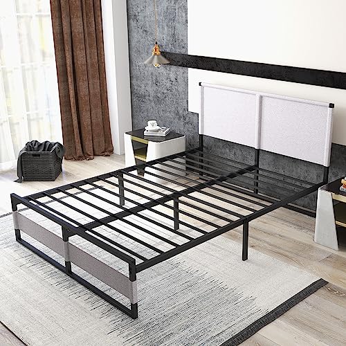 Fangflower Metal Platform Bed Frame with Headboard, 13 Inches Queen Size Bed Frame, Heavy Duty Steel Slat Mattress Foundation/No Box Spring Needed/Tool Free Setup