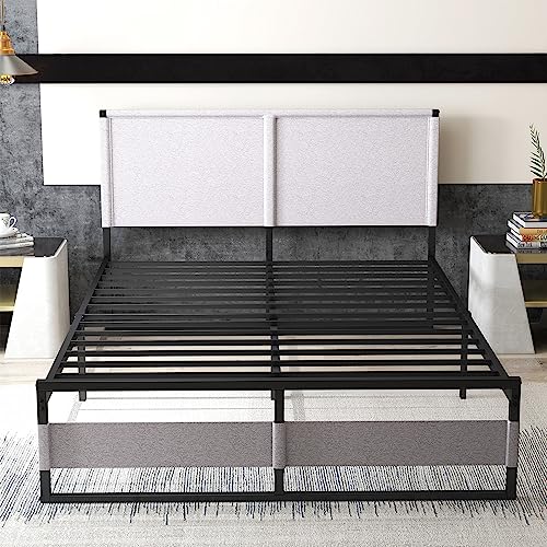 Fangflower Metal Platform Bed Frame with Headboard, 13 Inches Queen Size Bed Frame, Heavy Duty Steel Slat Mattress Foundation/No Box Spring Needed/Tool Free Setup