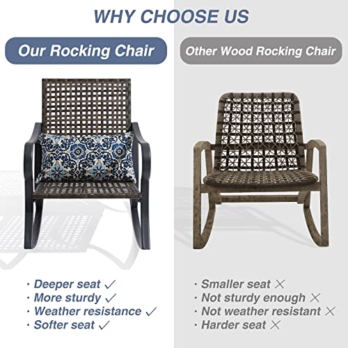 Mutaomay Outdoor Rocking Chair with Pillow Cushion, Weather Resistant Metal Steel Frame Rattan Porch Rocker Chairs, Oversized Patio Rocking Chair Furniture for Garden, Backyard 350 lbs Load Capacity