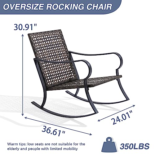 Mutaomay Outdoor Rocking Chair with Pillow Cushion, Weather Resistant Metal Steel Frame Rattan Porch Rocker Chairs, Oversized Patio Rocking Chair Furniture for Garden, Backyard 350 lbs Load Capacity