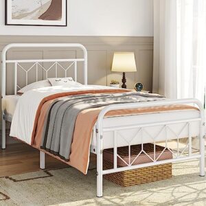 topeakmart twin size vintage metal bed frame with headboard/mattress foundation/no box spring needed/under bed storage/strong slat support white