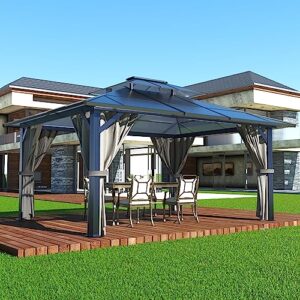 mupater 10x13ft outdoor polycarbonate hardtop gazebo with double roof canopy, aluminum frame, netting and curtainsfor patios, deck, lawns, gardens